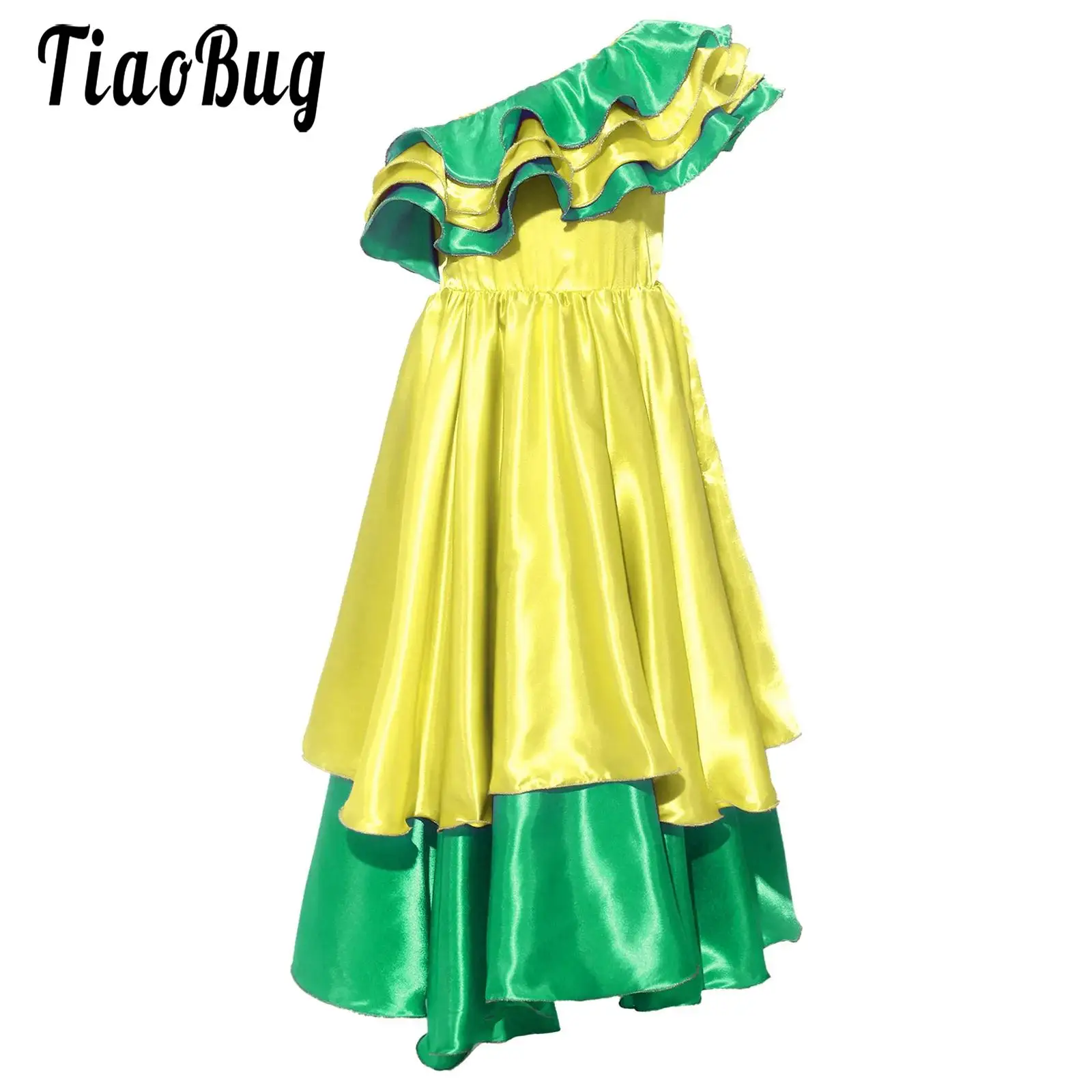

Girls Ethnic-style Long Dress One Shoulder Ruffled Contrast Color Performance Party Brazilian Dress for Halloween Carnival Party
