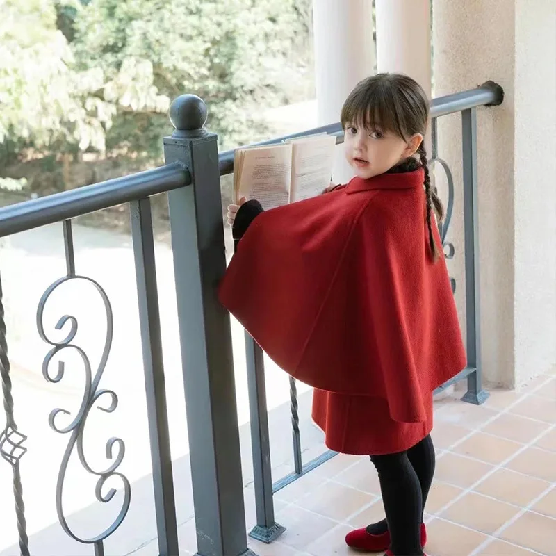 1-12 Year Kids Clothes Girl Fashion Princess Red Wool Cloak + Dress 2pcs Set Winter Autumn Children Baby Collar Cape Bow Dresses