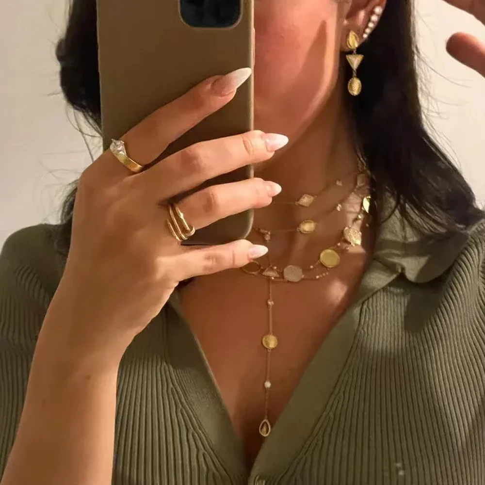 New Summer High Polished Gold Color Vintage Coin Design Charm Necklace Micro Pave Bling Cz Double Link Brides Wedding Jewelry