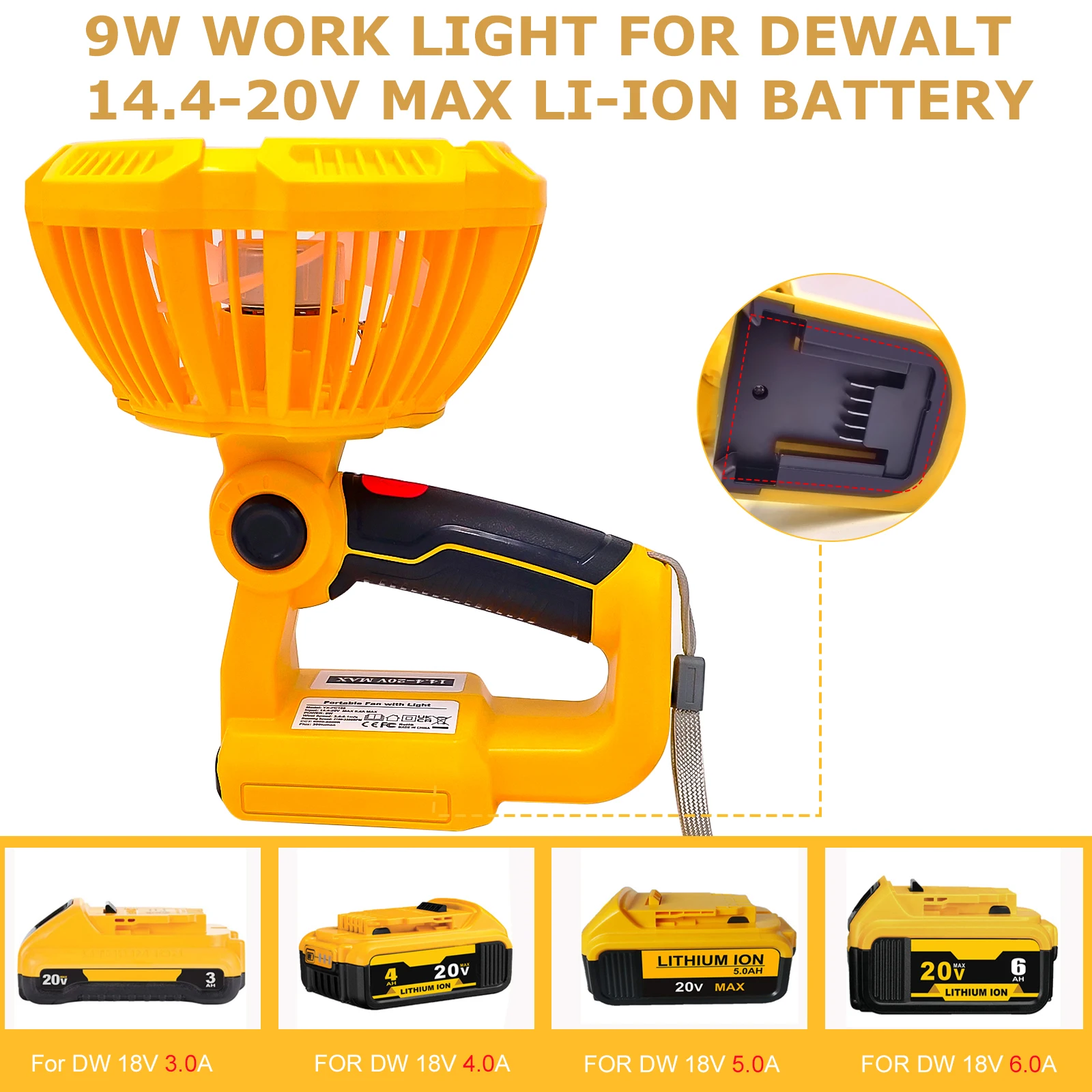 9W สำหรับ DeWalt 14.4-20V แบตเตอรี่ Li-ion แบบพกพาพัดลมแนวตั้งพร้อมไฟ LED ชาร์จเร็วพอร์ต USB เสียงรบกวนต่ำพัดลมไฟฟ้า