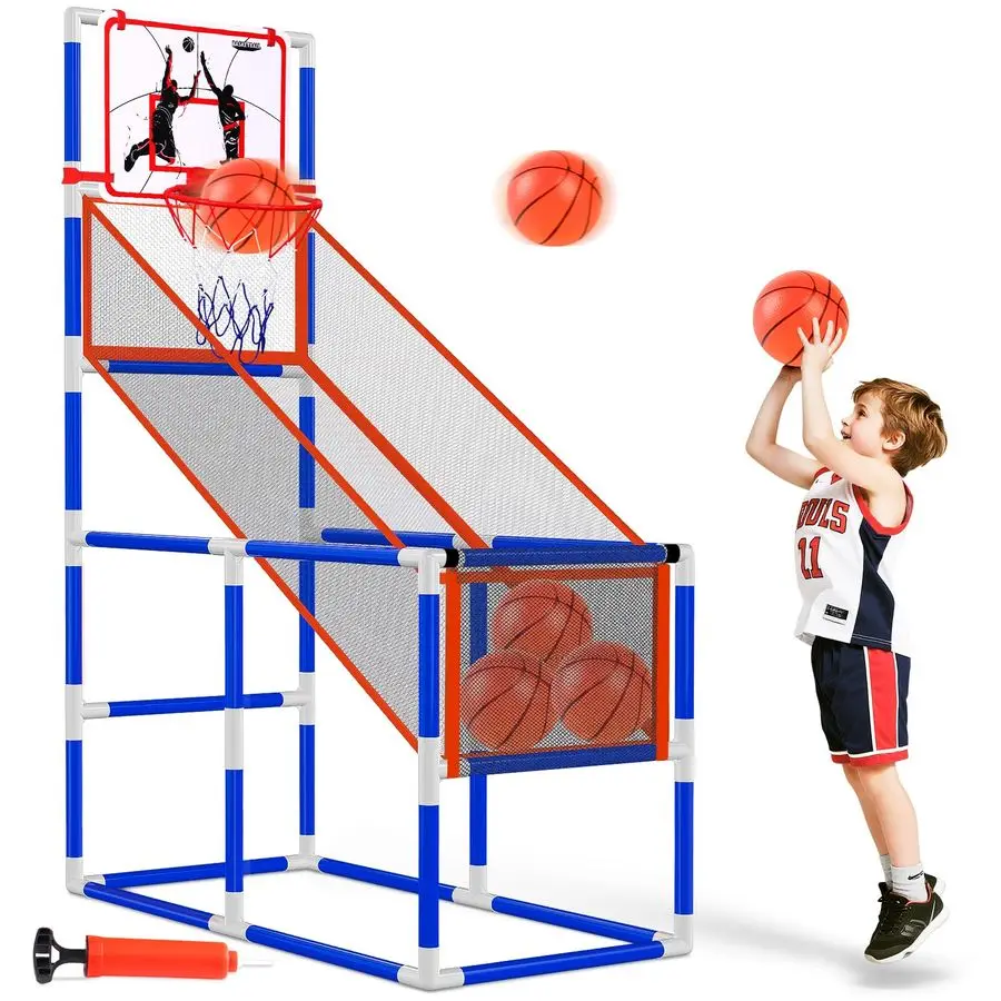 مجموعة ألعاب كرة السلة الداخلية، طوق أركيد كرة السلة بارتفاع قابل للتعديل مع مضخة 4 كرات أمبير، قاعدة طلقة واحدة للاستخدام الداخلي والخارجي