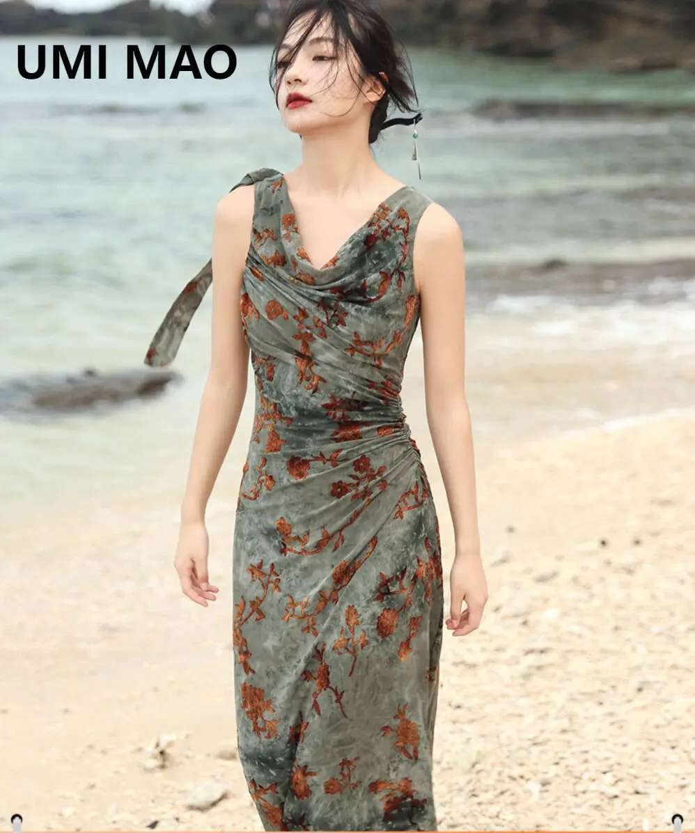 

UMI MAO New Chinese Tie Dyed Green Dress Women's Summer Sleeveless Slim Fit Style Tank Top A-line Dresses Femme