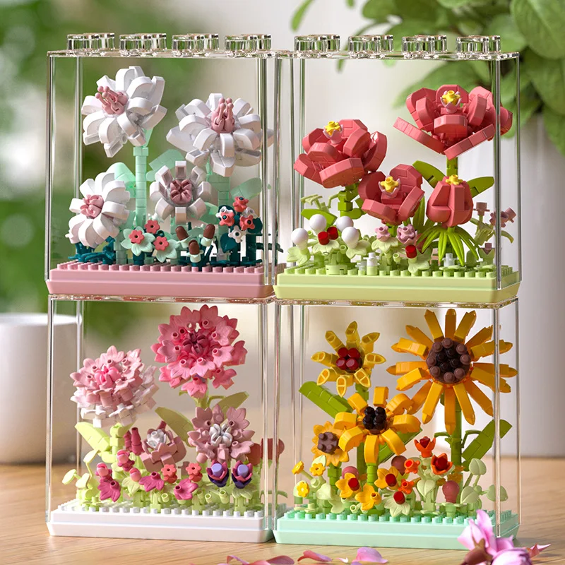 

Creative DIY Building Blocks Dream Flower Box Everlasting Bouquet Desktop Ornament Art Decor Assembled Toy Gift for Girls