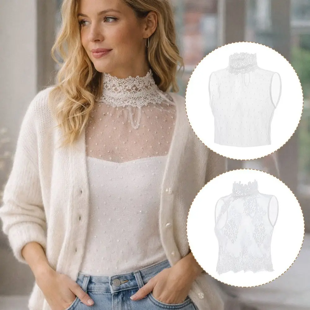 White Lace Trim False Collar Top Ruffled Flower Stand Collar False Blouse Detachable Lapel Hollow Out Clothes Accessories