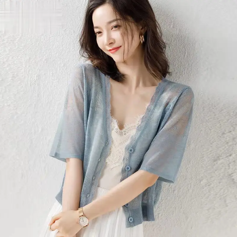 Korean Simple Ice Silk Knit Sun Protection Cardigan Coat Women V-neck Button Lace Summer Matching Skirt Strap Shawl Thin Tops