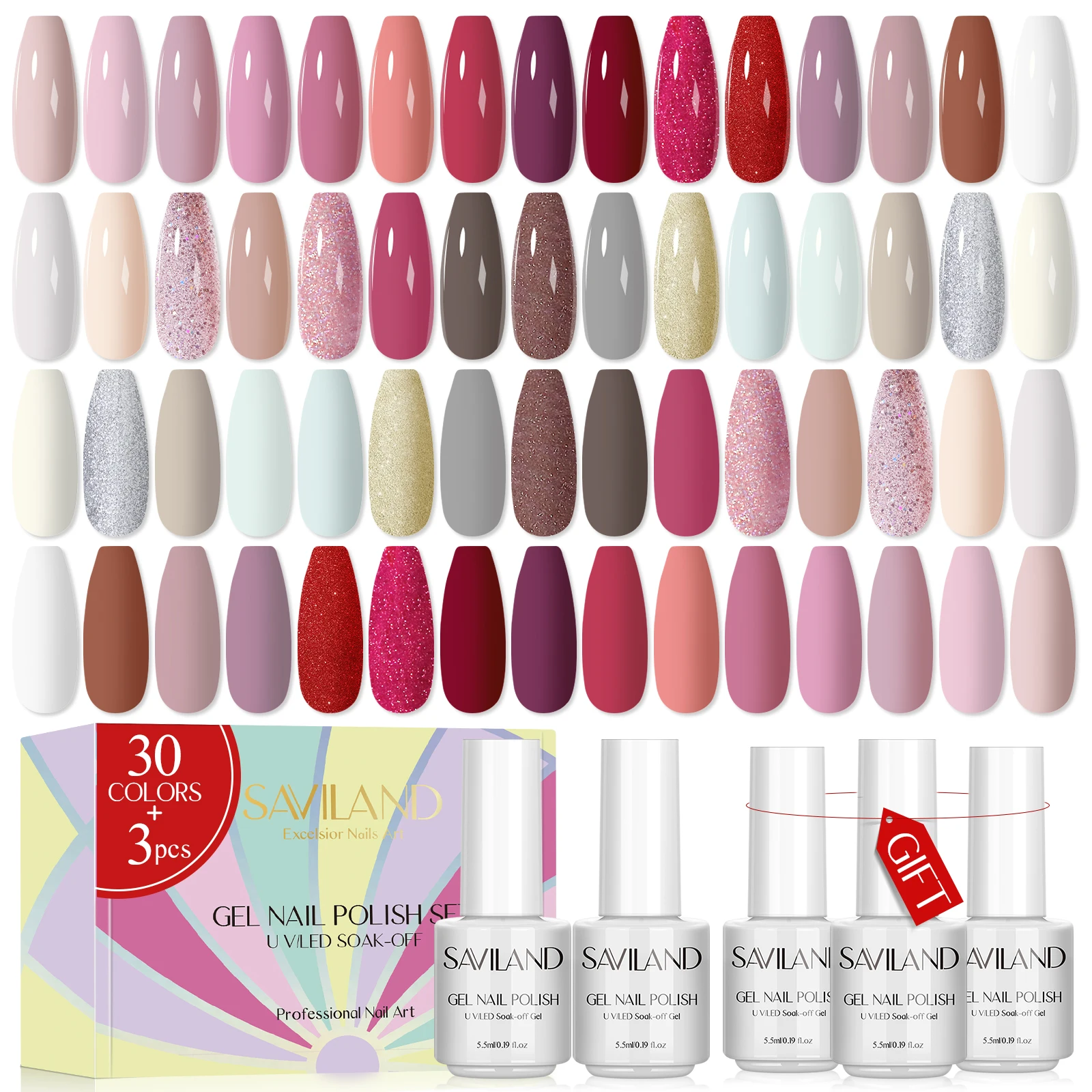 SAVILAND-Kit de esmaltes en Gel para uñas, Set de manicura semipermanente con purpurina roja, blanca y rosa, para Base y capa superior, 33 piezas