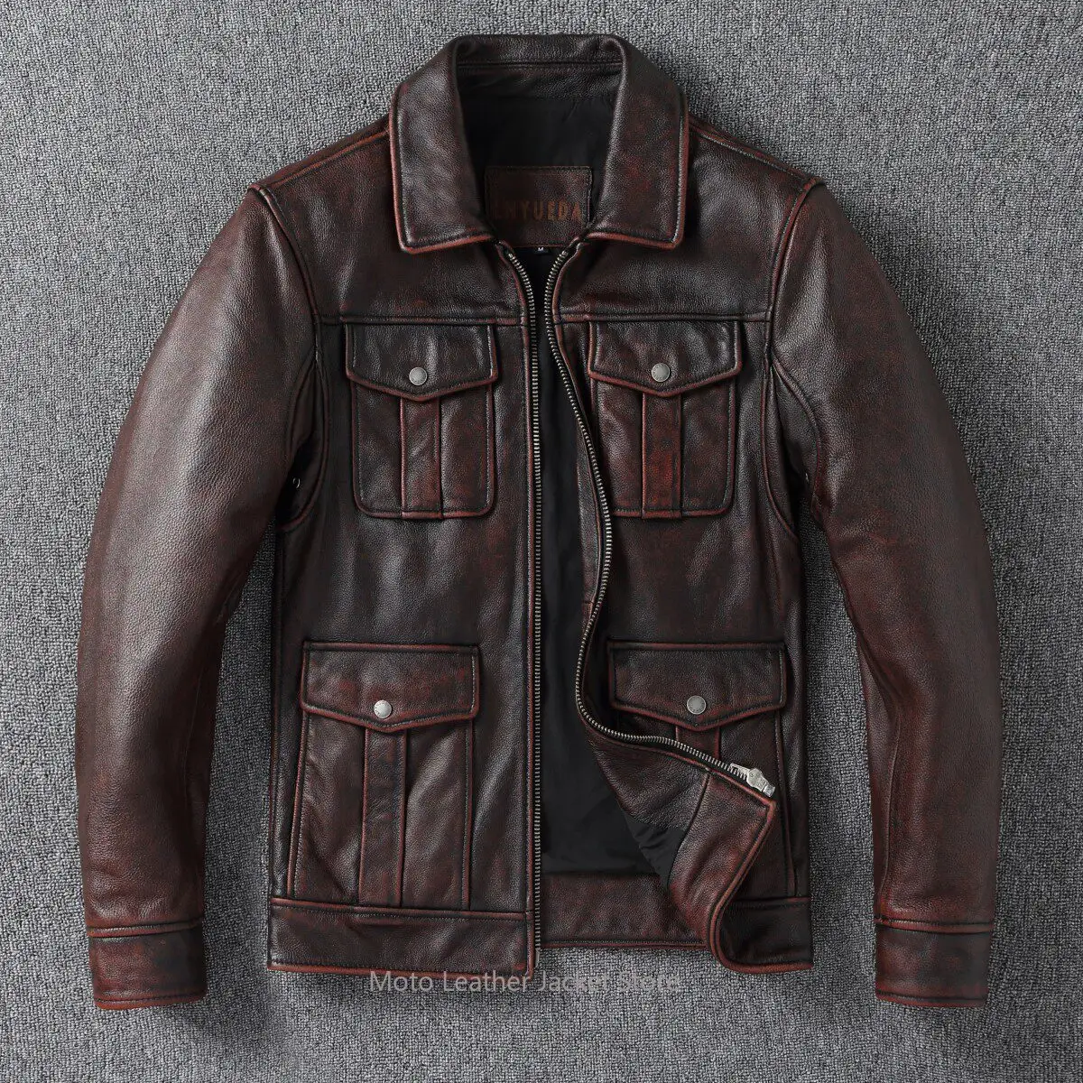 Vintage Motorcycle Genuine Leather Jacket Stone Washed Distressed First Layer Cowhide Multi Pocket Safari Style Coat Men