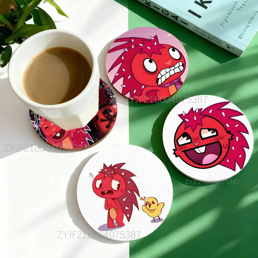 

Flaky HTF Happy Tree Friends Round Wooden Coasters Heat Resistant Non-slip Drink Cafe Decoration 2D Flat Color Print Set