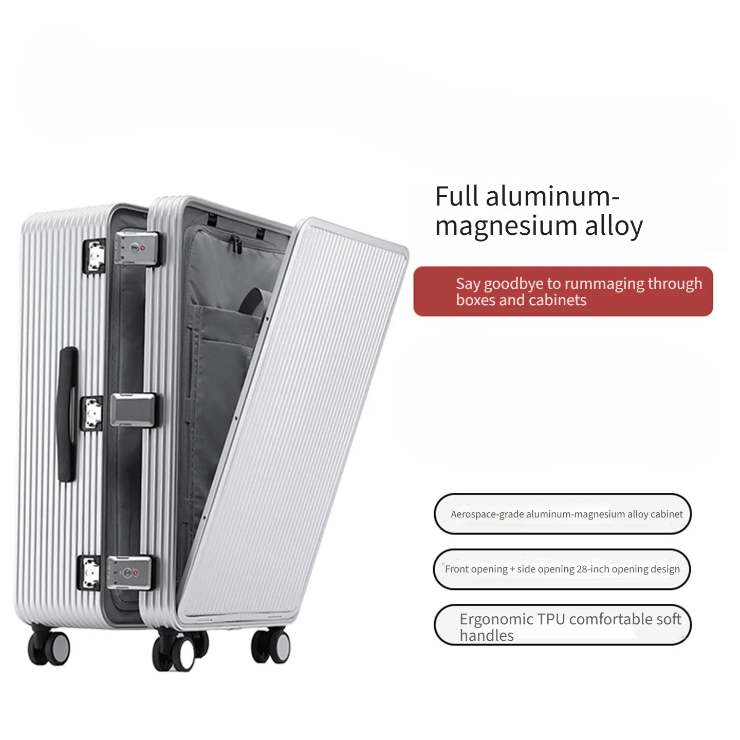 Front & Side Opening Business Full Aluminum‑Magnesium Alloy Travel Trolley Suitcase Luggage 20 Inch Carry‑on Boarding Case
