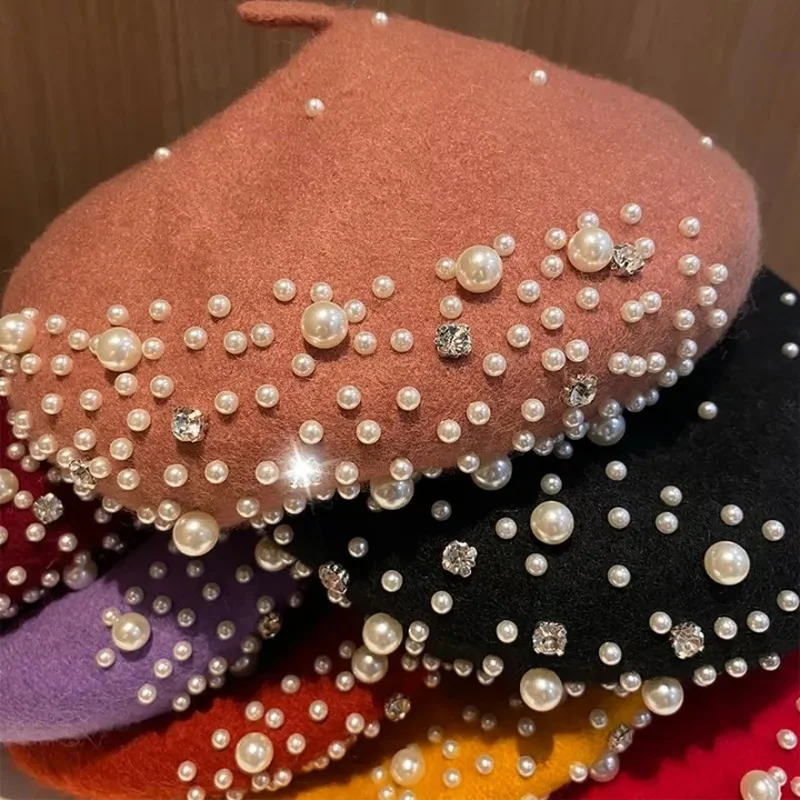 Elegant Wool Pearls Rhinestone Berets for Women Warm Winter Hats Skullies Beanies Vintage Cashmere Female Flat Hats Solid Caps