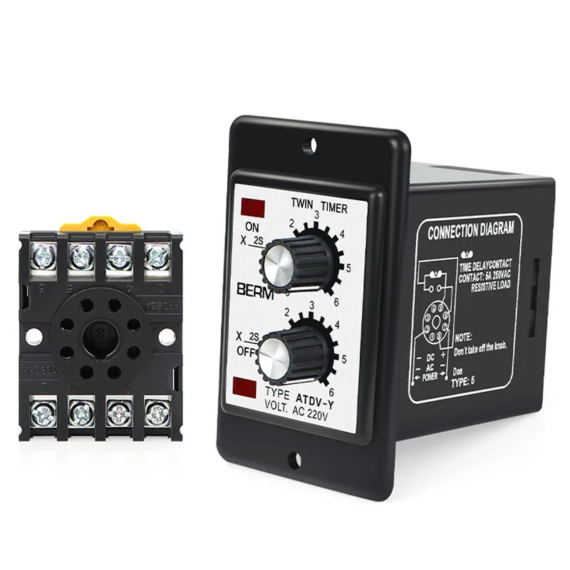 

ATDV-Y ATDV-Y Dual Time Relay 220V Adjustable Repeat Cycle Timer ON OFF 3S 6S 12S 30S 60S 3M 6M 12M 30M 60M Twin Timer With Base