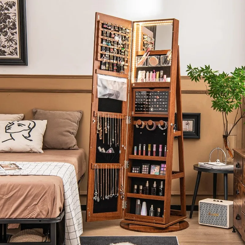360 °   خزانة مجوهرات دوارة مع مرآة كاملة الطول، وأرفف تخزين خلفية، ومنظم خزانة مجوهرات قائم قابل للقفل