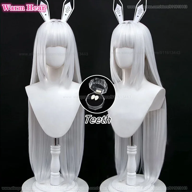 New! Game Blanc Synthetic Wig 100cm Long Straight Light Silver White Cosplay Wig And Teeth Heat Resistant Fibre Party Woman Wigs