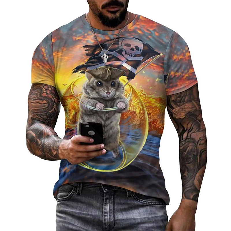 3D-Druck Bunte Lustige Katzen-Grafik T-Shirts für Männer Sommer Kurzarm Herren Tee Tops Mode Lässig Übergrößen Streetwear – Detail 3