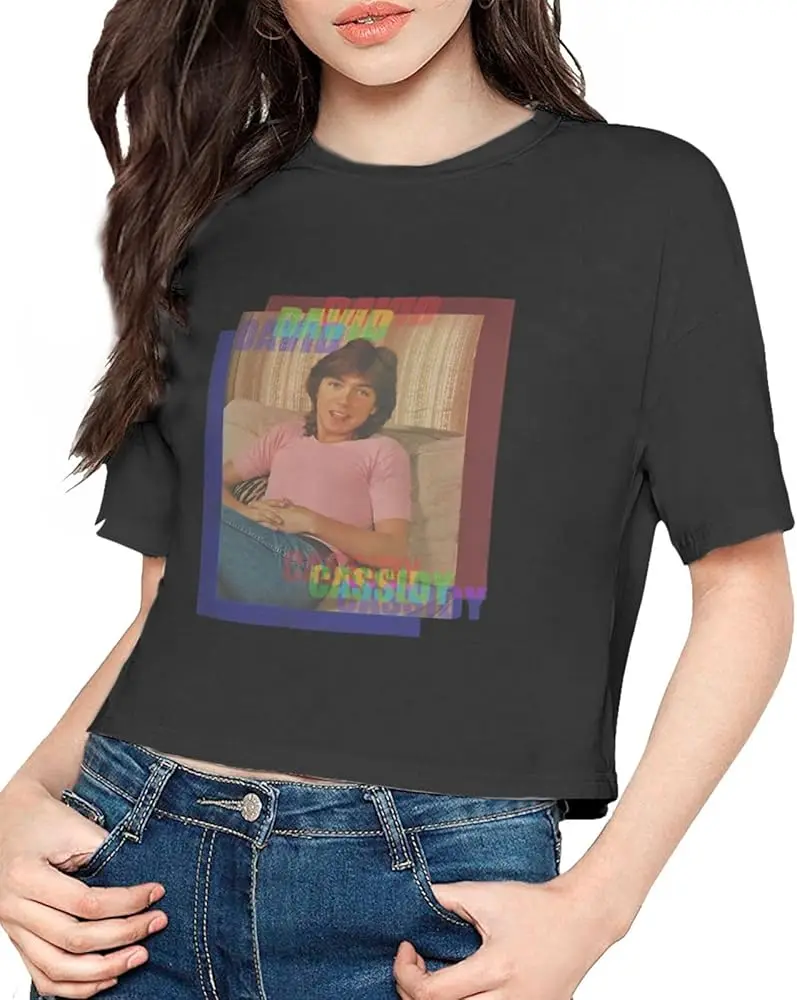 David Cassidy Women's T-Shirt Casual Short Sleeve Cropped T Shirts Round Neck Crop Tops Tees Black