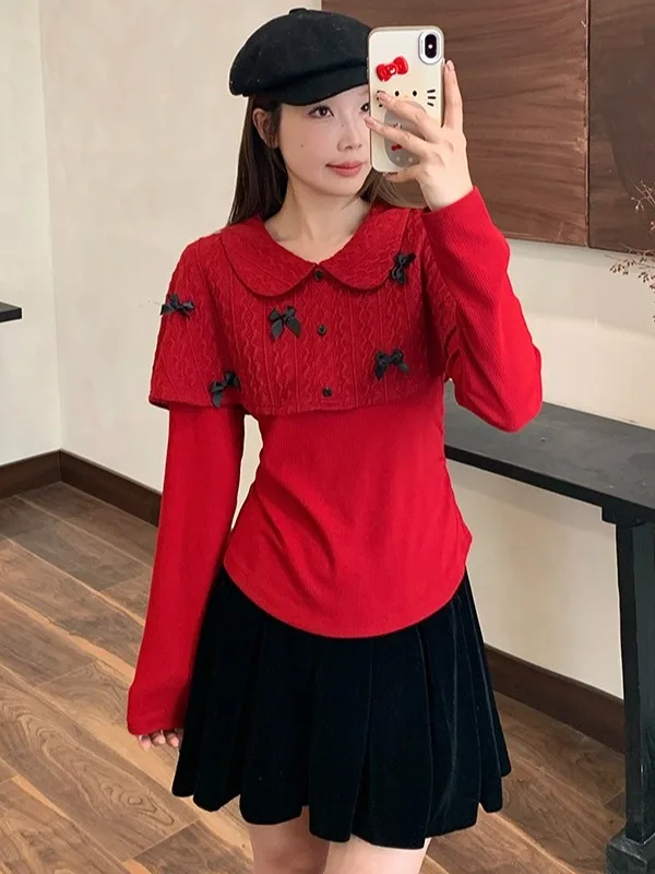

Red Long Sve Knitted Sweater Design Sensation Fake Two-Piece Beautiful Autumn Winter plus Size Women's Faionable Top