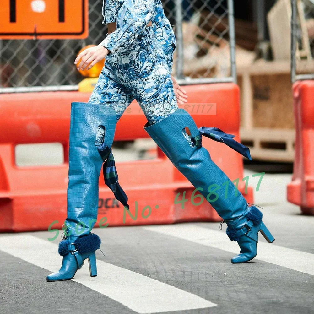 Blue Crocodile Block Heel Over Knee Boots Women Round Toe Fur Wrap-Around Straps Boots Female Hollow Out Newest Lace Up Shoes