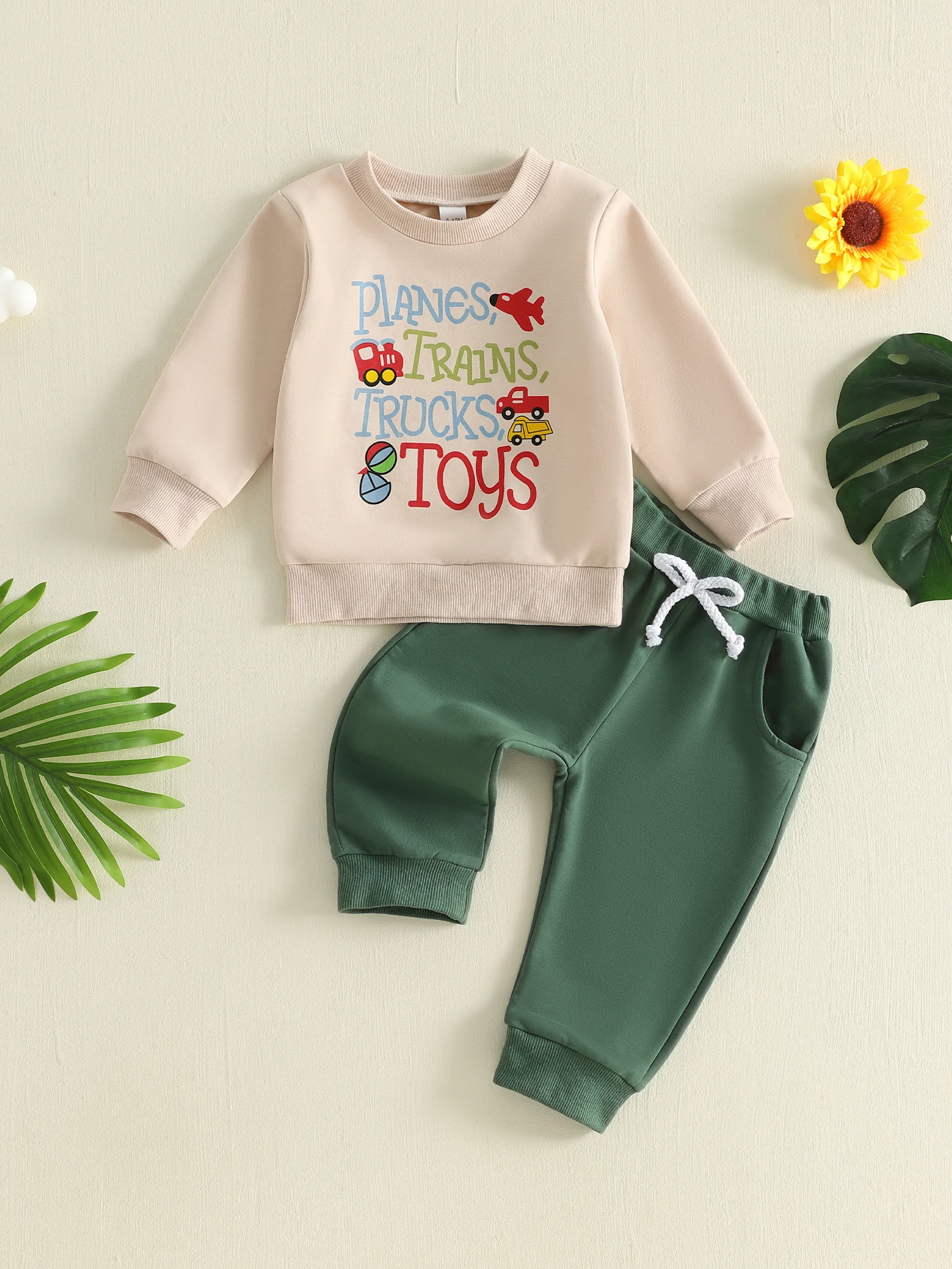 

Boys Autumn Clothing Set with Letter Transport Graphics Crew Neck Sweatshirt and Drawstring Jogger Pants - 2 Piece Outfit for