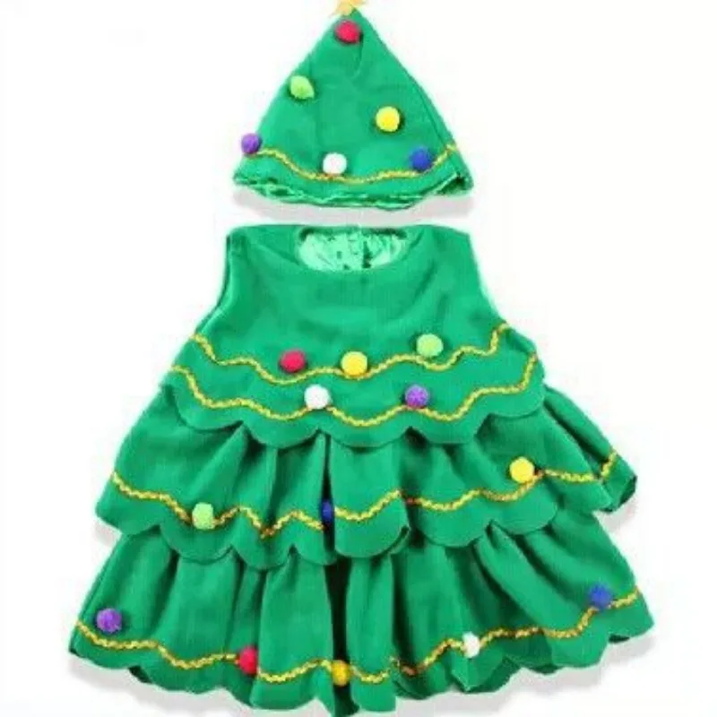 Árvore de Natal para meninas Cosplay Trajes, vestido verde infantil, chapéu, traje de performance, festa de carnaval, presentes para menina