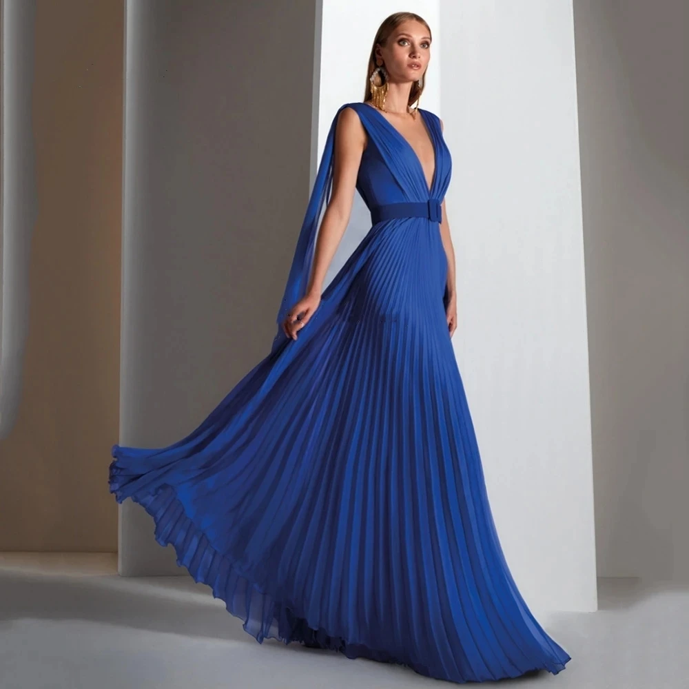 

Romantic Blue Chiffon V-Neck Evening Dress Sleeveless A-Line Prom Gown Pleated Formal Occasion Dresses Custom Made For Women