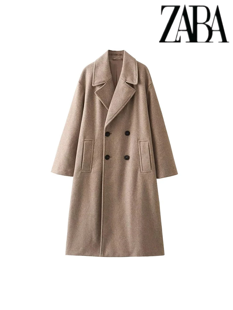 TRAF Women\'s Street Fashion Classic Double Breasted Coat Pure Colour Commuter Casual Coat Lapel Long Sleeve Loose Women\'s Coat