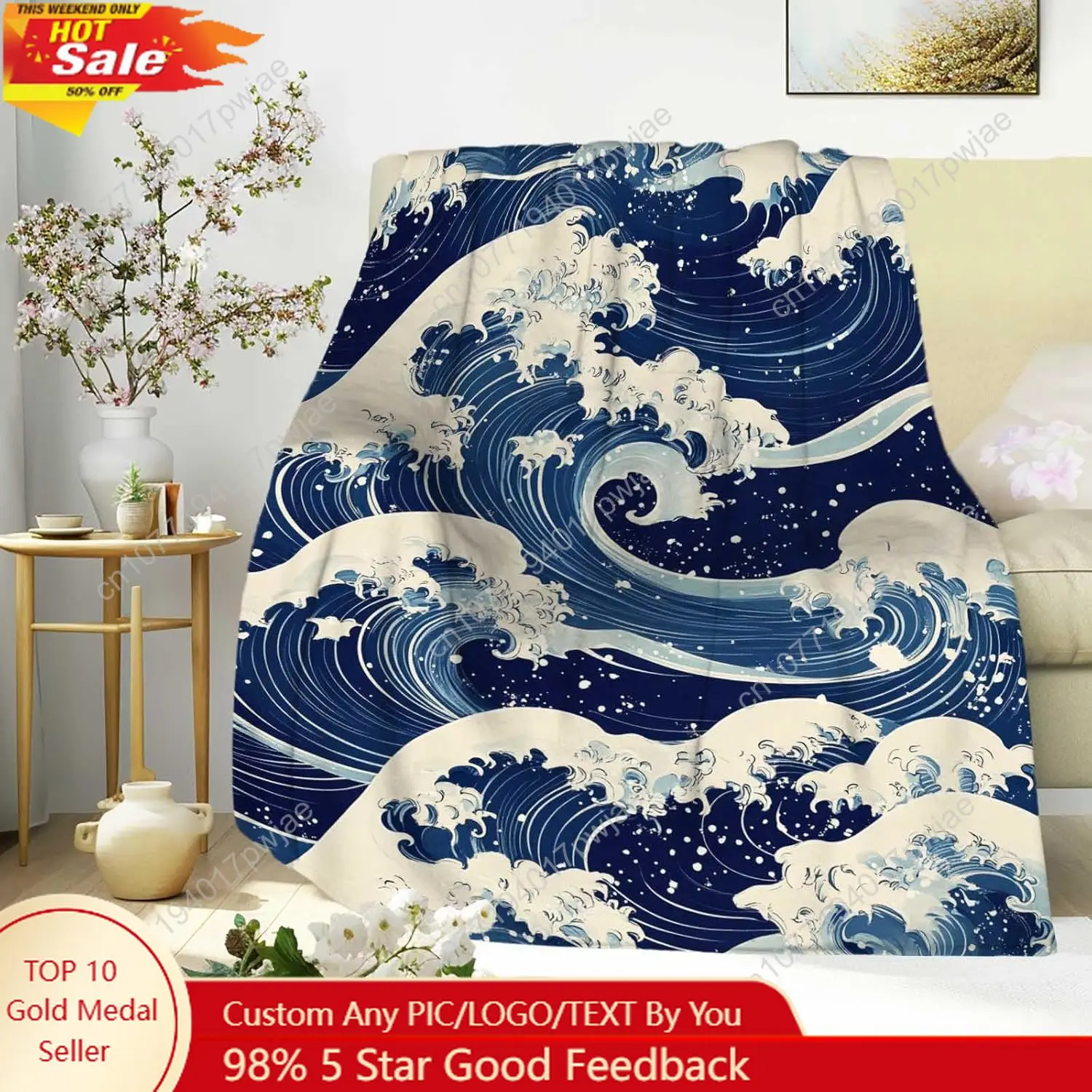 

Japanese Wave Print Blanket for Men and Women Soft and Cozy Throw Trendy Asian-Inspired Blanket for Couch Bed Custom blankets