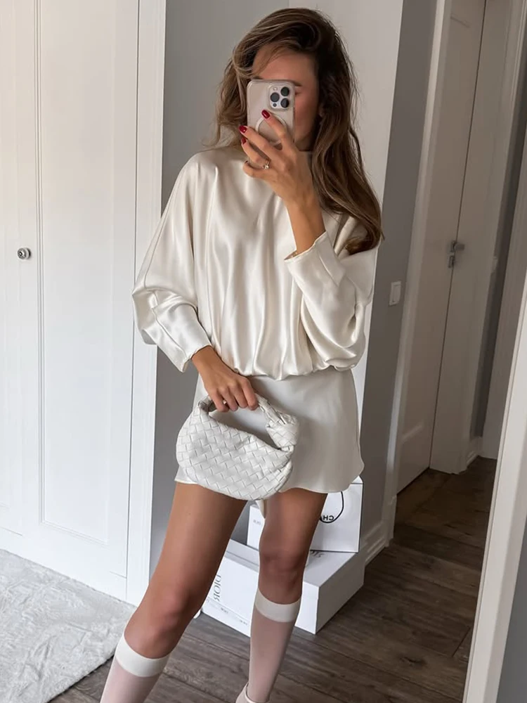 트렌딕스 화이트 새틴 드레스 여성용 2025 겨울 신상 플리츠 패치워크 리본넥 미니 드레스 파티 우아한 긴팔 드레스