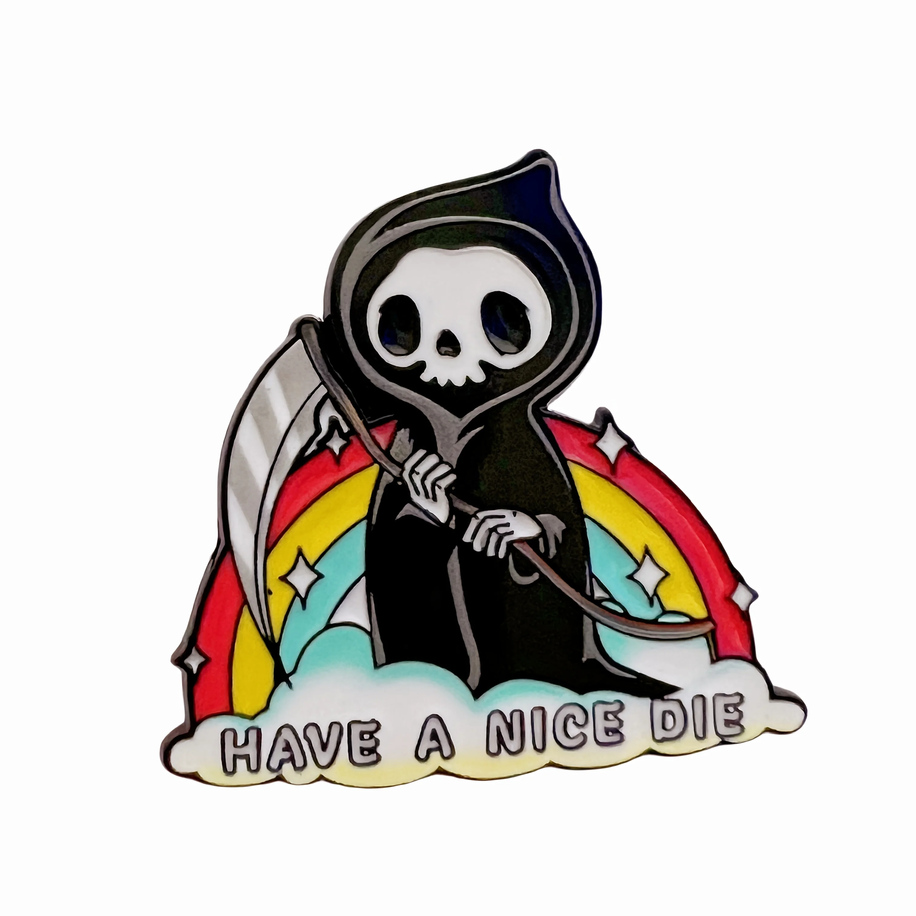 HAVE A NICE DIE! Rainbow Skull Scythe enamel Pin - Punk Halloween Zinc Alloy Badge, Funny Spooky Gifts