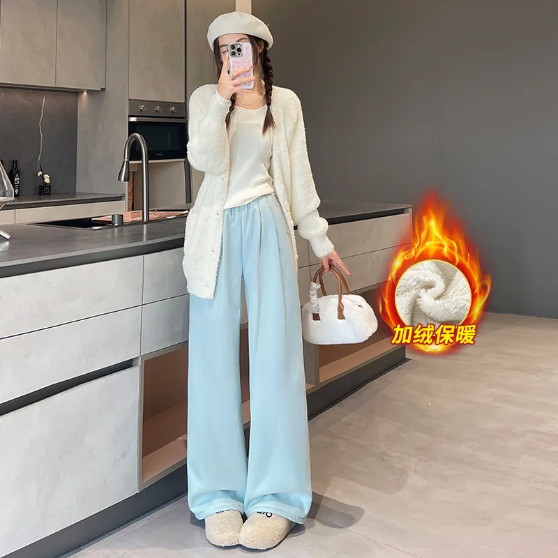 2025 inverno feminino engrossado casual solto calças à prova de vento cintura alta drapeado tubo reto forrado de lã