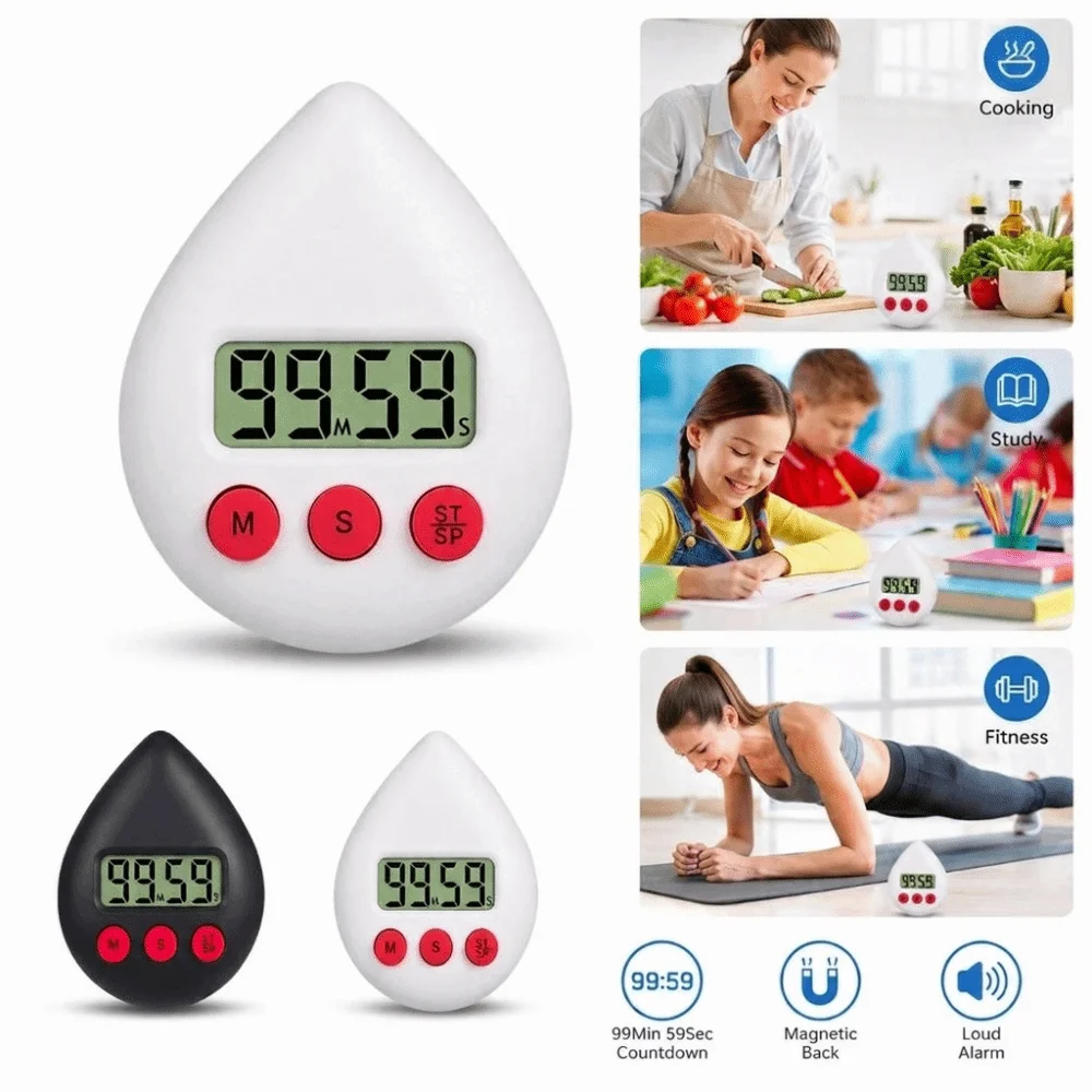 New Plastic Digital Timer Droplet Shape LCD Display Countdown Timer Audible Alert Button Control Cooking Timer Study Time