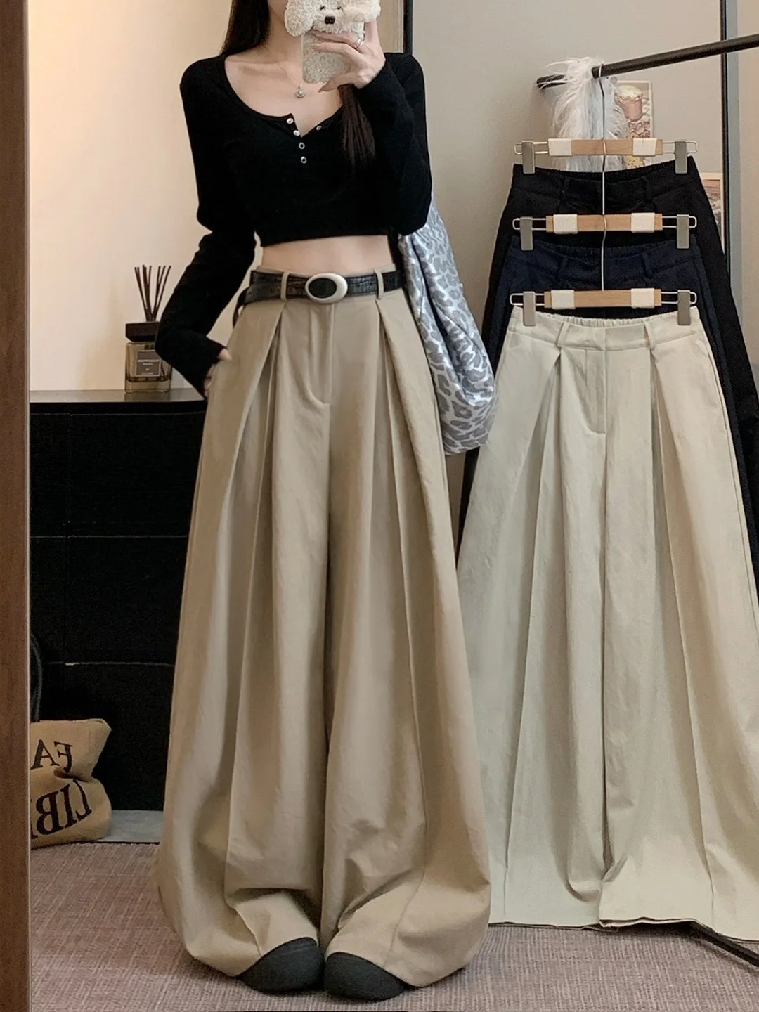 

Широкие брюки цвета хаки, женские осенние плиссированные драпированные брюки с высокой талией, свободные брюки с большой распашной юбкой, повседневные брюки с высокой талией