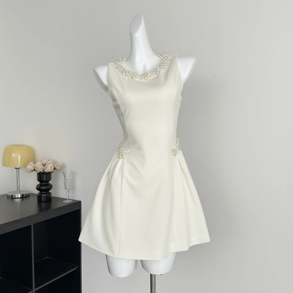 

High Quality 2026 Spring Summer New Luxury Runway Beading Round Neck Party Dresses For Women Fashion Slim Waist Short Dress