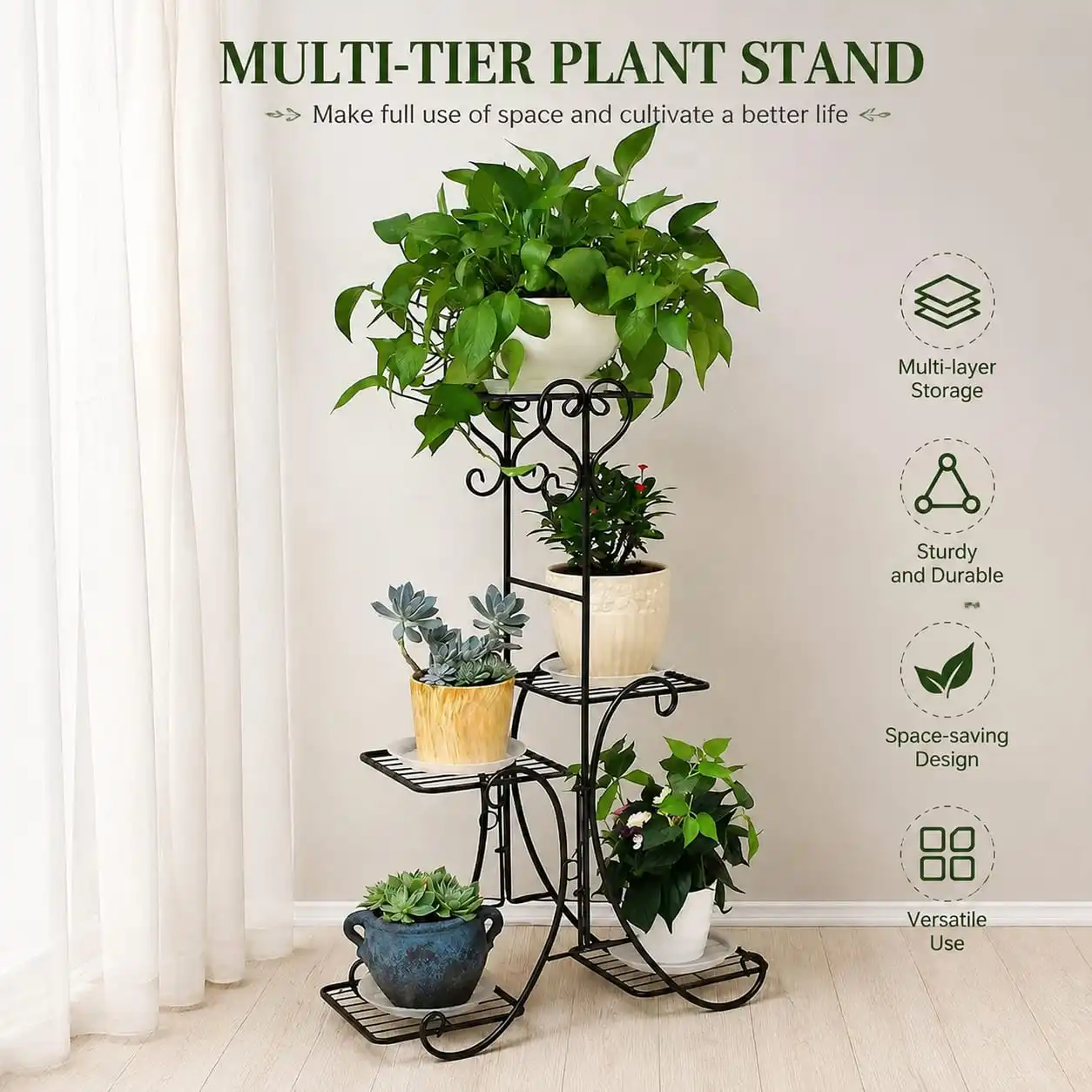 Multi-Layer Home Iron Plant Shelf, Living Room Epipremnum Rack, Floor Hanging Orchid Stand, Balcony Flower Pot Organizer
