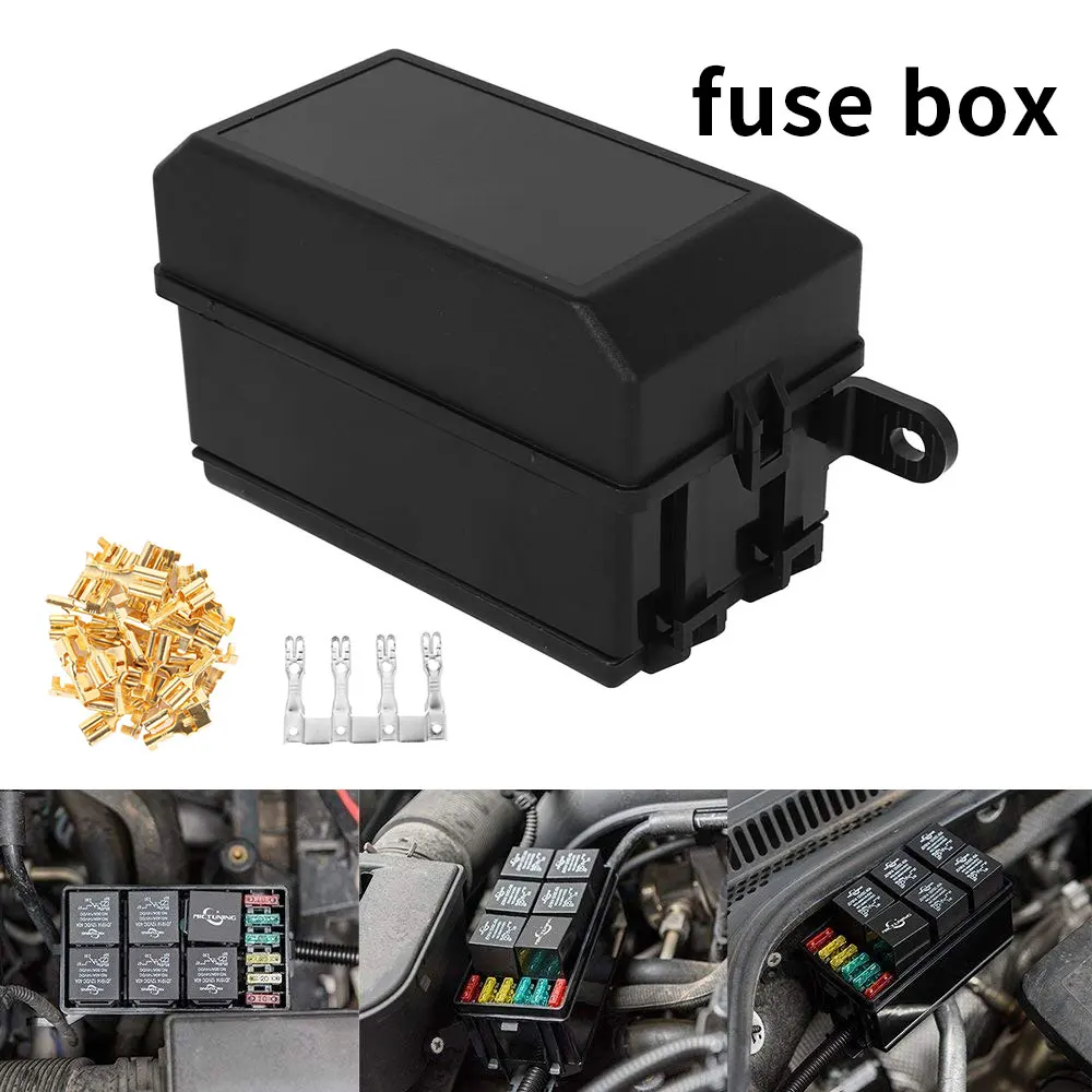 Universal Car 6Way Square Fuse Box with 41pcs Metallic Pins Standard 6 Relay Block Holder for Auto Car SUV Off-Road Pickup Truck