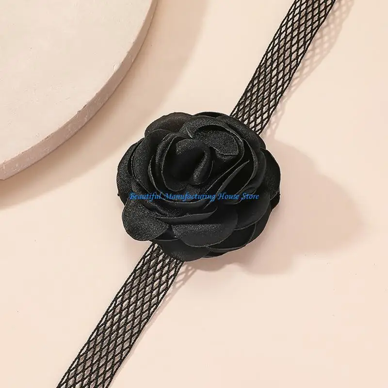 

E56A Soft Flower Choker Necklaces Mesh Ribbon Necklace Polyester Material for Wedding