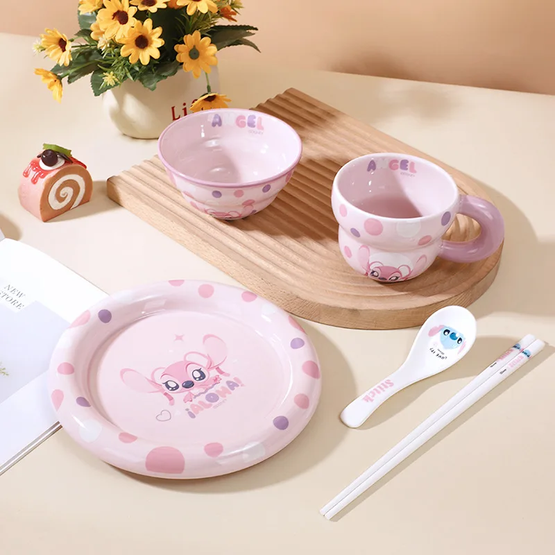 

Tableware Set Household Ceramic Children's Rice Bowl Cute Cartoon Plates and Dishes plates and bowls set spoon set stich
