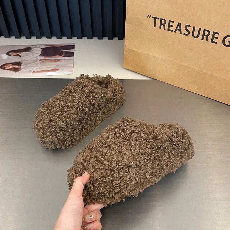 Thick Heel Luxury Lambwool Mules Winter Shoes Woman Flip Flops Flat Cover Toe Slides Ins Warm Curly Lamb Fur Slippers Women