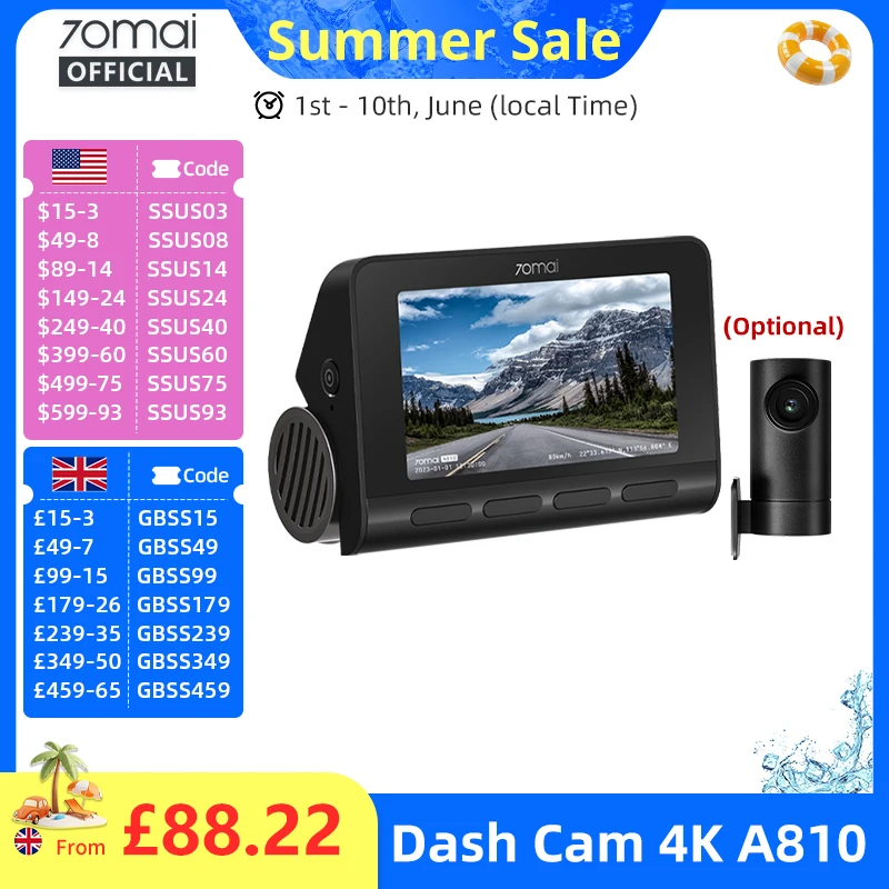 70mai 4K Dash Cam A810 Front Rear Set Suppor 4G Module LTE UP04 Remote Control GPS ADAS Car DVR 70mai A810 Car DVR