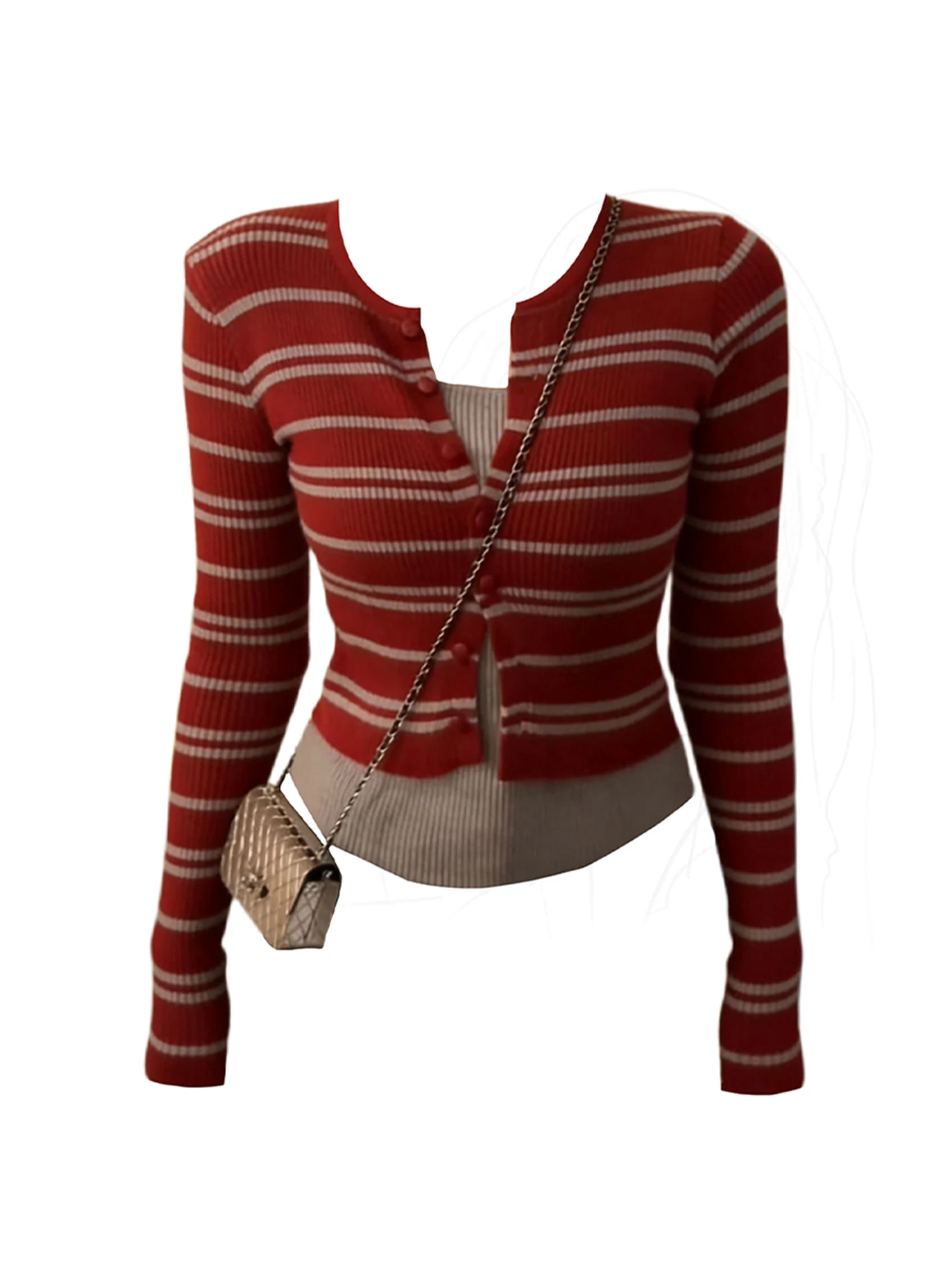 

Women's Red Striped T-shirt Fake Two Pieces Y2k Gyaru Tee Top 2000s Vintage Long Sleeve Oversize T-shirt Clothes Spring Autumn