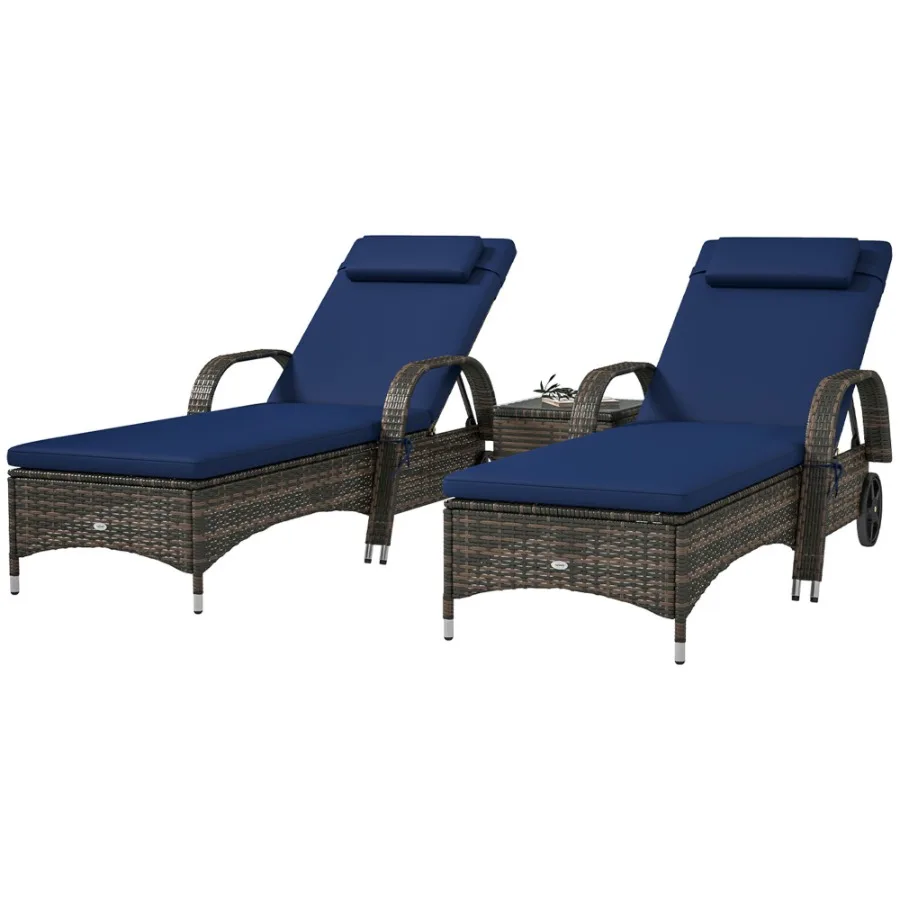 

Patio Wicker Chaise Lounge Chair Set of 2 with Table Adjustable Backrest Wheels Cushion rest Dark Blue