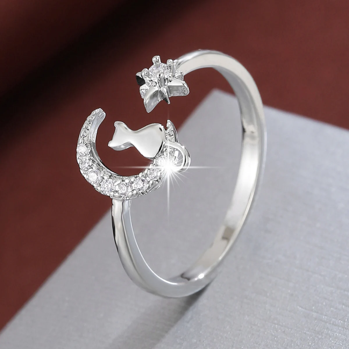Moon Cat Star Multi-element combination Ring Women Opening Adjustable CZ Cute Ring