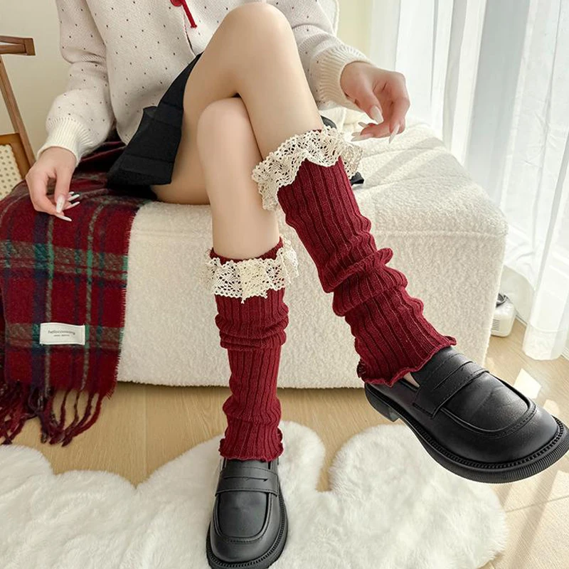 Autumn And Winter Anchor Red Leg Sets Lolita Korean Lace New Year Christmas Red Ballet Style Jk Calf Socks