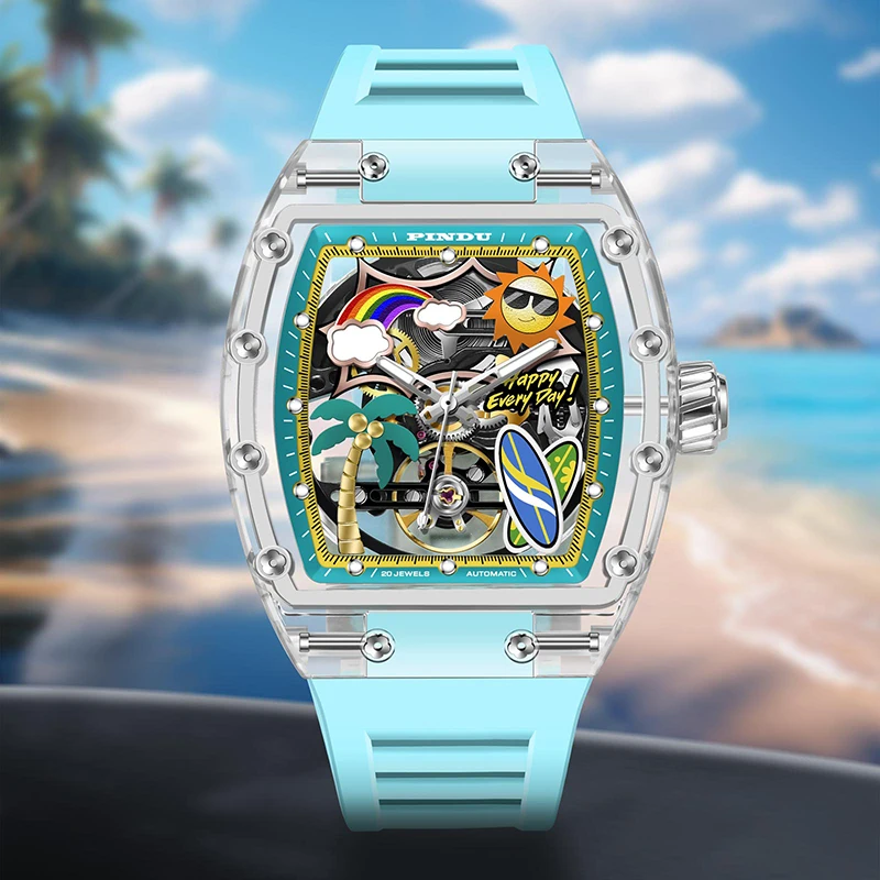 Il tema PINDU Watch Summer Beach combina il design di onde marine e l'atmosfera estiva con colori vivaci per l'orologio meccanico da uomo