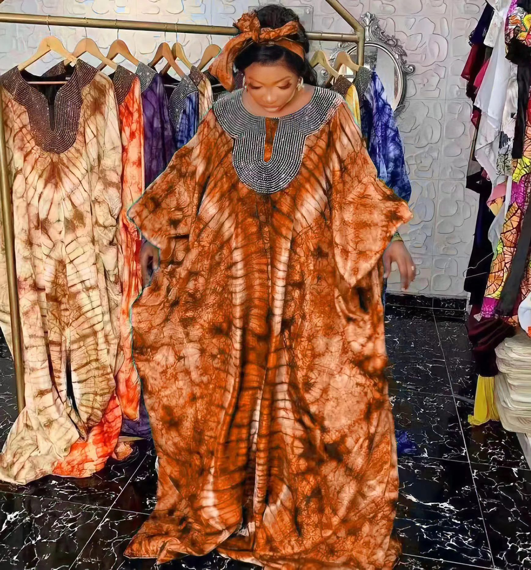 

MAMADA L7631 African Women Clothing Dashiki Abaya Stylish High Loose Bat Length Long Print Dresses Free Size Included Scarf