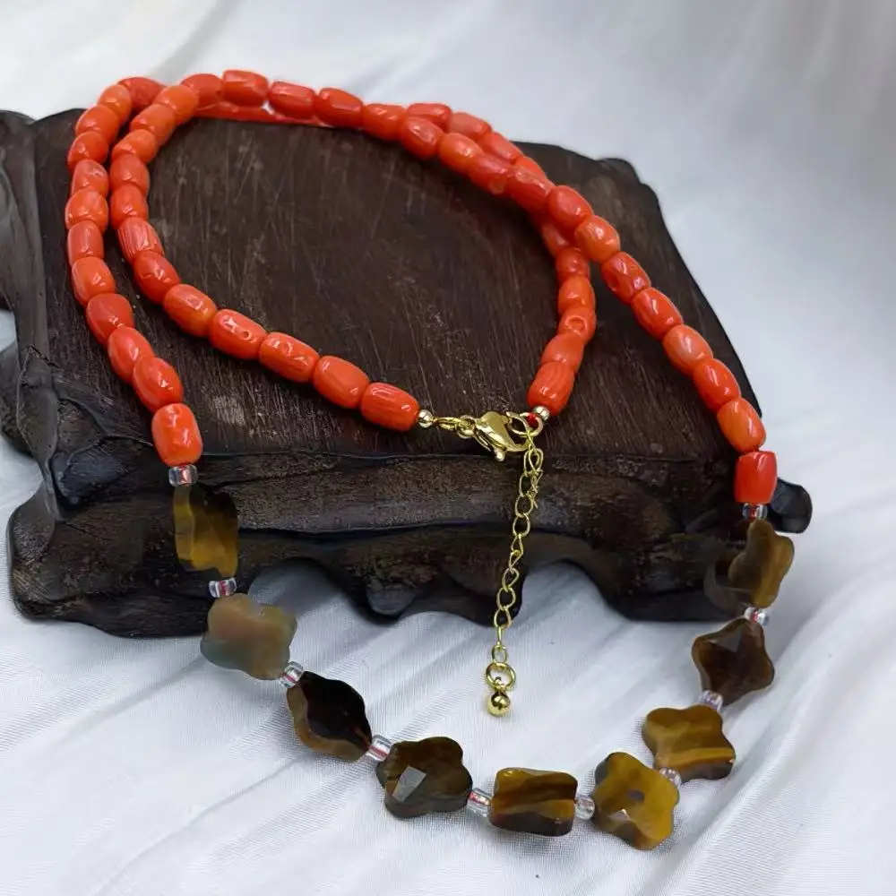17-20inch 12mm 5x7mm Fashion Jewelry Flower Tiger Eye Orange Natural Sea Bamboo Coral Retro Necklace