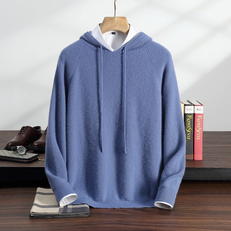 

Autumn and winter new 100% pure cashmere hooded sweater men's high-end hooded knitted pullover business casual loose men's top