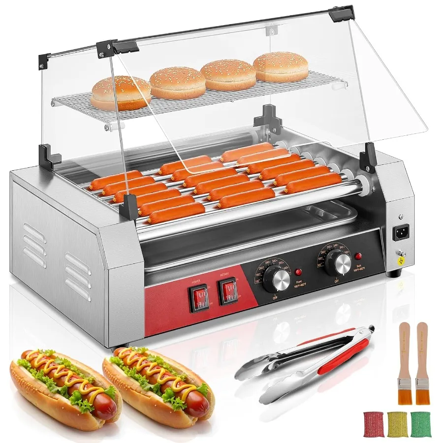 Kommerzielle Hot-Dog-Maschine mit Edelstahlkonstruktion, schwarzes Finish, 18–24 Hot-Dog-Kapazität, Glasabdeckung mit doppelter Temperaturregelung