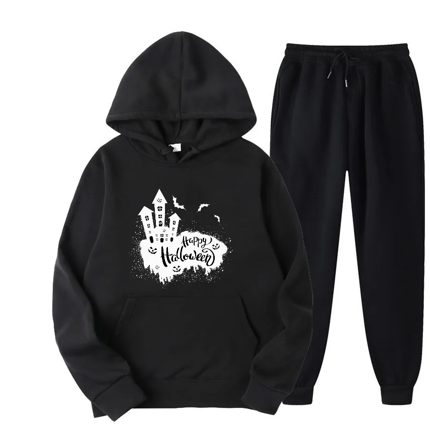 

2025 Black and white Halloween castle graffiti print Spring And Autumn Men Hoodies Casual Street Wear Graphic Print Pullover set