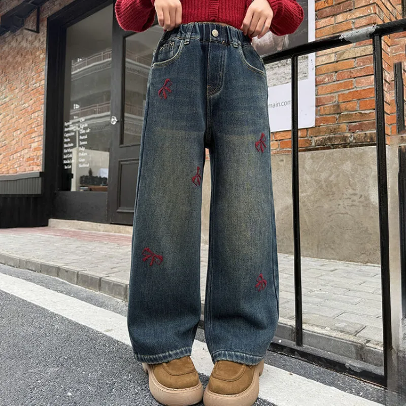 Wide Leg Jeans for Girls 2027 Spring Autumn Pants for Kids Bow Loose Fashion Casual School Children Straight Trousers 4-15 Years