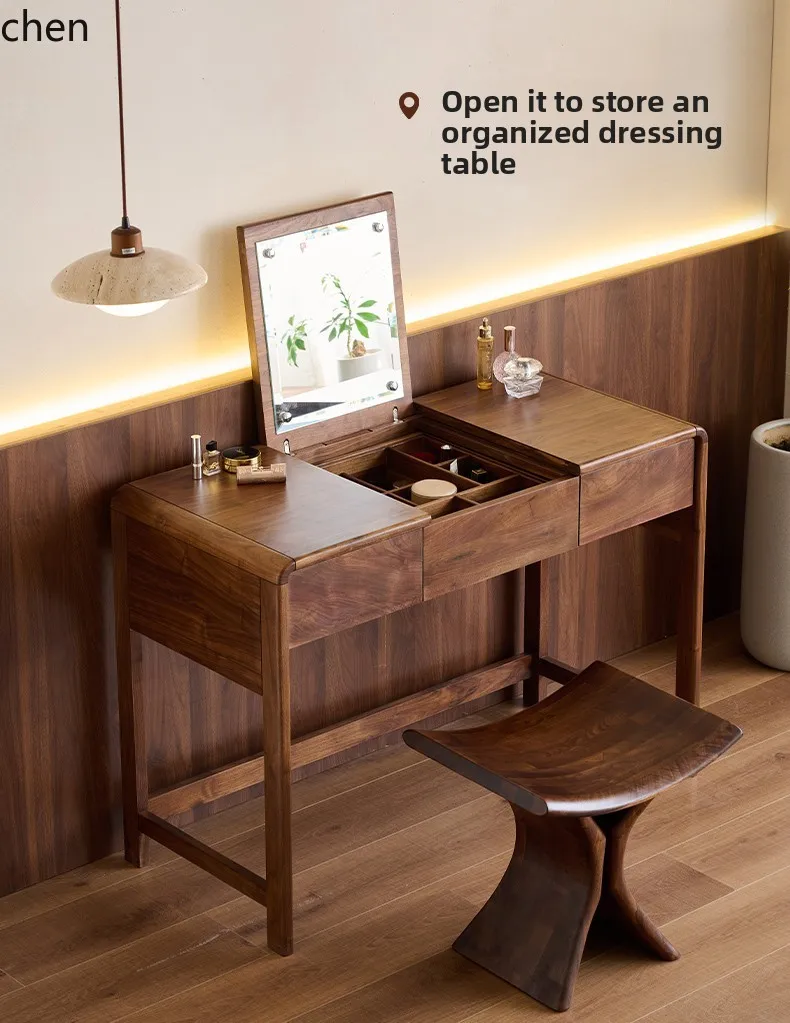 

HXL black walnut solid wood dresser mirror makeup table storage cabinet flip cover makeup table